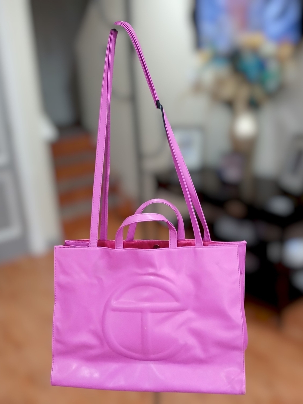XL Telfar Pink Vegan Leather Tote with Embossed Logo/ Dual Straps - Picture 4 of 9